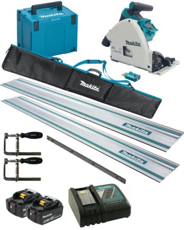 Makita DSP601ZJU 36V (Twin 18v) LXT Brushless Plunge Saw with Auto-start (AWS) - Body Only with MakPac Case - Plus 2 x 5